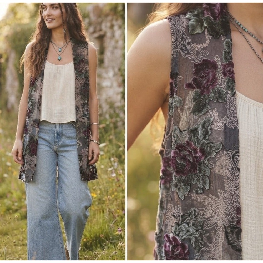 Velvet Black Floral Burnout Vest Cardigan Boho Whimsical Whimsigoth Fairy One Sz